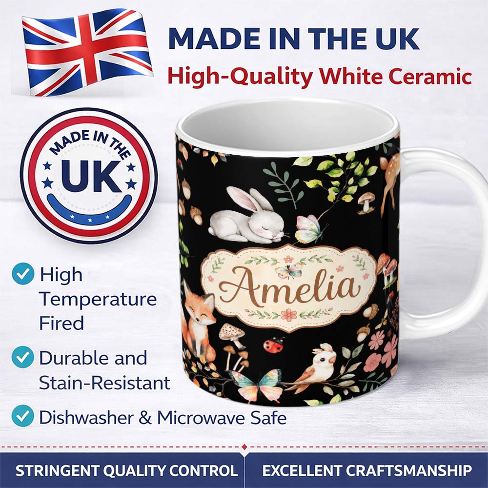 Personalized Custom Name Watercolour Woodland Animals with Bunny Fox and Butterflies Pattern 11oz Ceramic Coffee Tea Mug White Large Handle