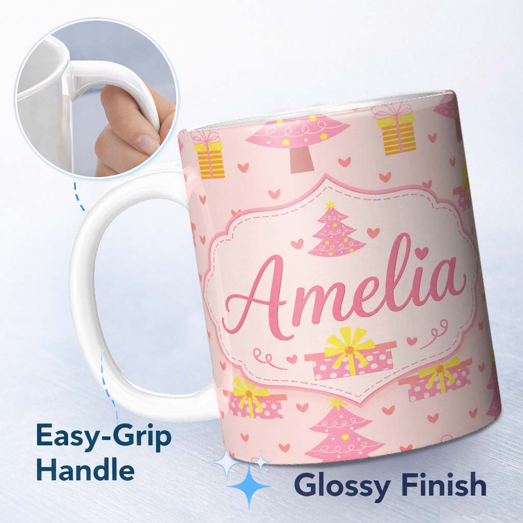 Personalized Custom Name Cute Pink Christmas Tree Gift Hearts Seamless Pattern Lovely 11oz Ceramic Coffee Tea Mug White Large Handle