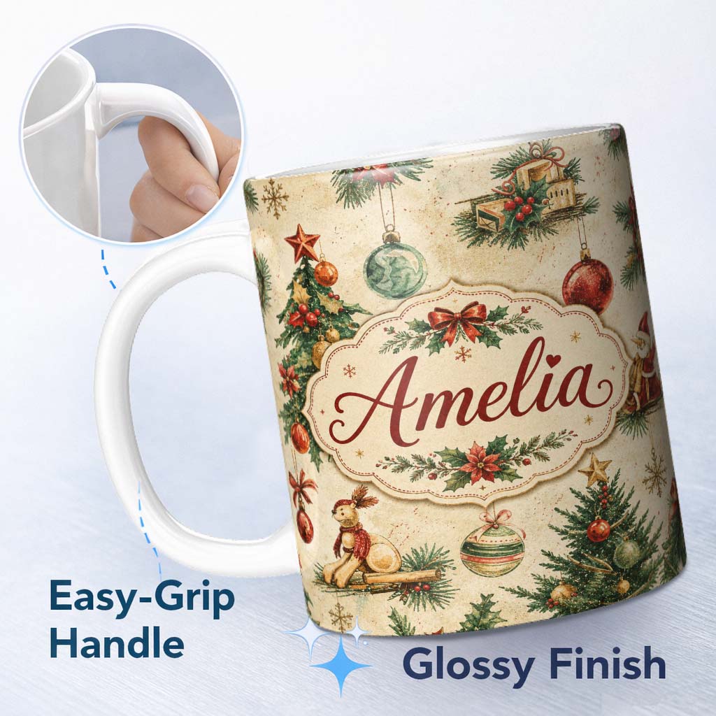 Personalized Custom Name Vintage Christmas Tree Wreath Baubles Rustic Holiday Seamless Lovely 11oz Ceramic Coffee Tea Mug White Large Handle