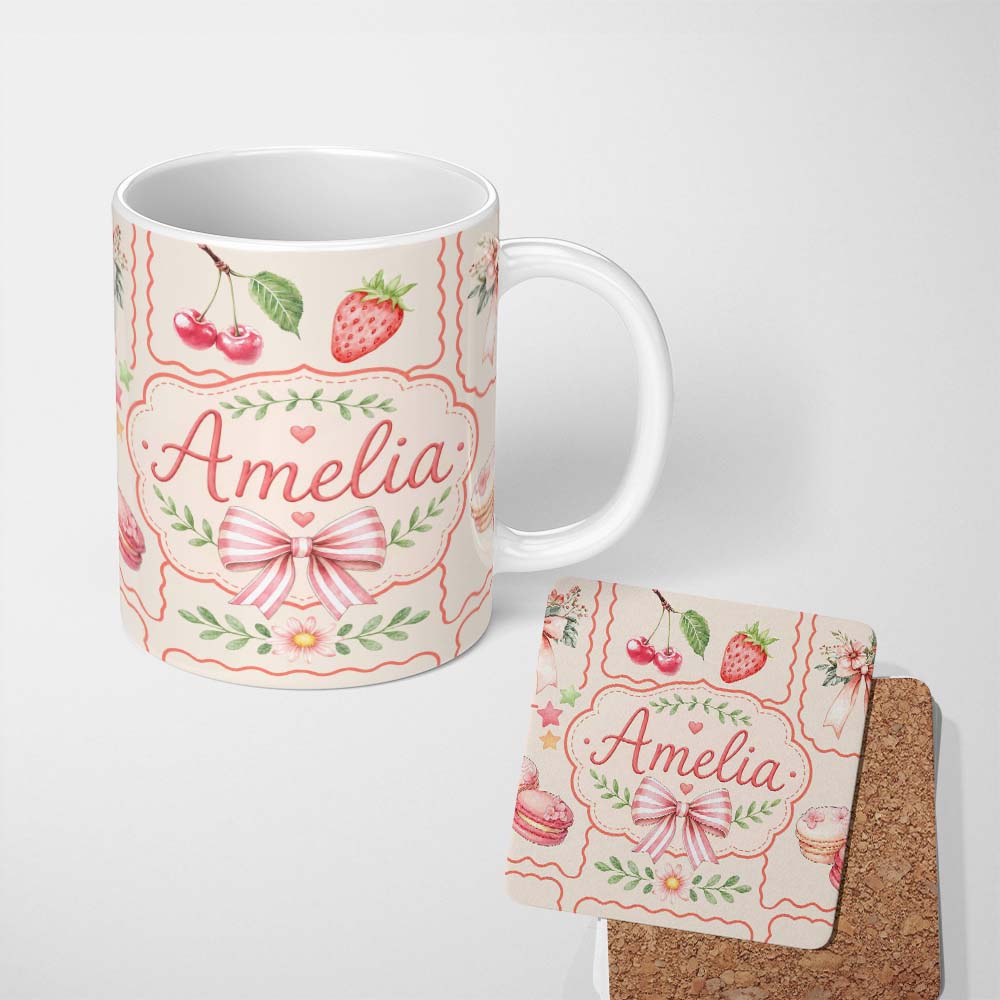 Personalized Custom Name Cute Strawberry Cherry Ribbon Bow Sweet Dessert Soft Neutral Lovely 11oz Ceramic Coffee Tea Mug White Large Handle