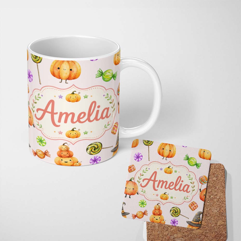 Personalized Custom Name Cute Halloween Pumpkin Candy Characters Pastel Background Seamless 11oz Ceramic Coffee Tea Mug White Large Handle