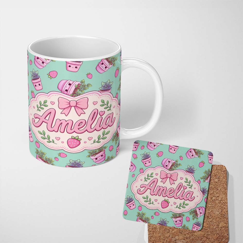 Personalized Custom Name Cute Pink Plant Pots Leaves Strawberry Seamless Pattern Mint Lovely 11oz Ceramic Coffee Tea Mug White Large Handle