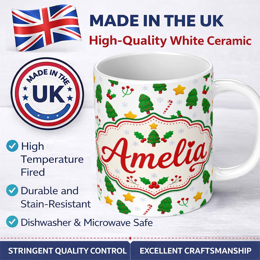 Personalized Custom Name Cute Christmas Tree Candy Cane Star Holly Seamless Pattern Festive 11oz Ceramic Coffee Tea Mug White Large Handle