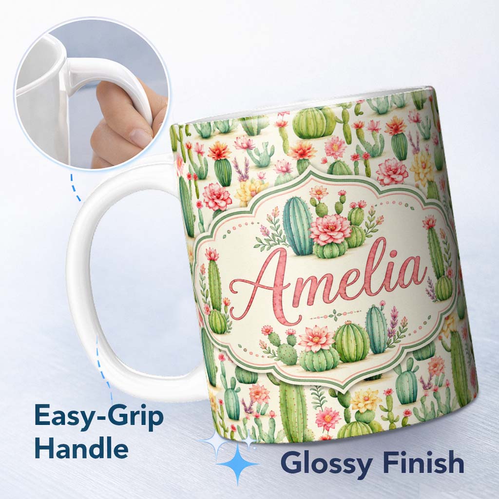 Personalized Custom Name Fresh Green Cactus Floral Garden Bright Seamless Pattern Design 11oz Ceramic Coffee Tea Mug White Large Handle