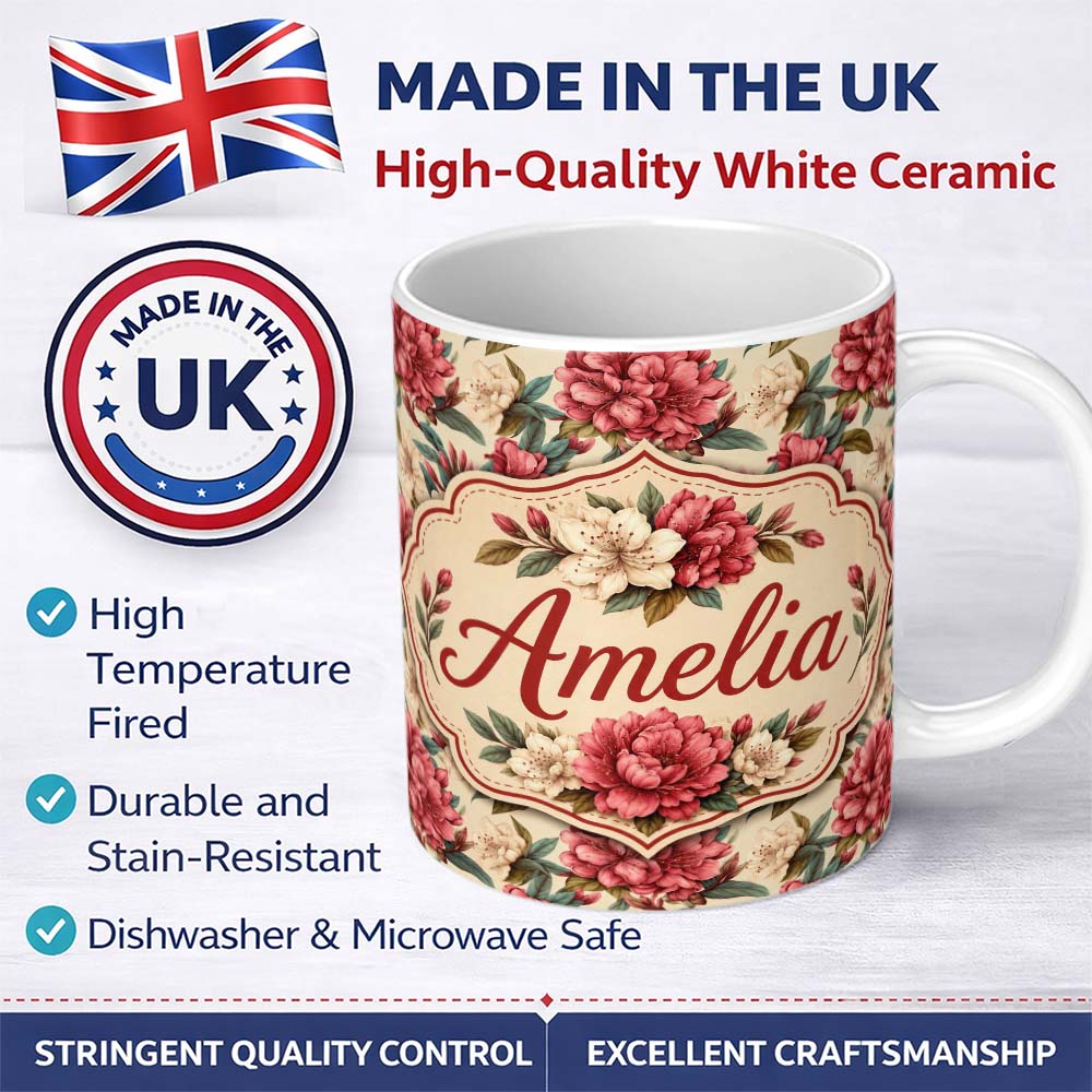 Personalized Custom Name Red and Cream Botanical Flower Garden Seamless Pattern Lovely 11oz Ceramic Coffee Tea Mug White Large Handle