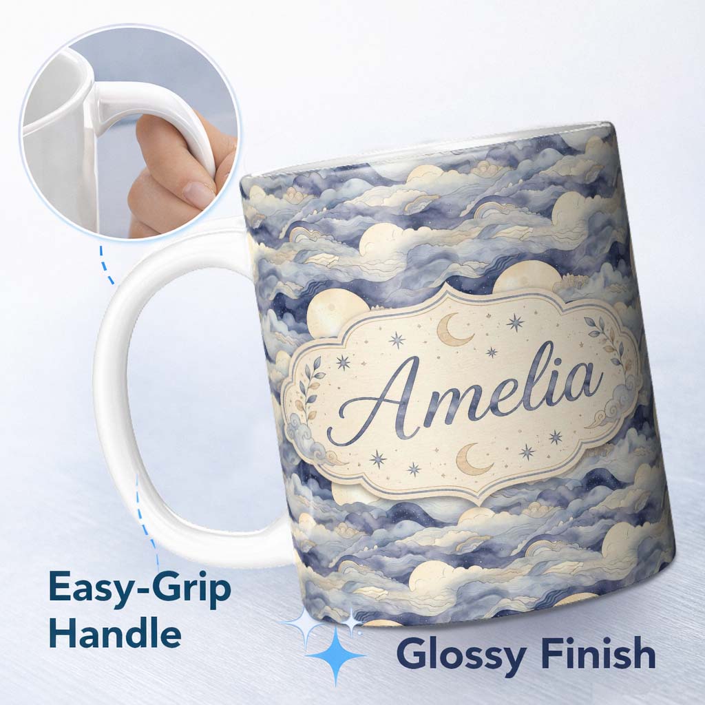 Personalized Custom Name Layered Clouds and Moon Dreamscape Seamless Pattern Cute Unique Gift 11oz Ceramic Coffee Tea Mug White Large Handle