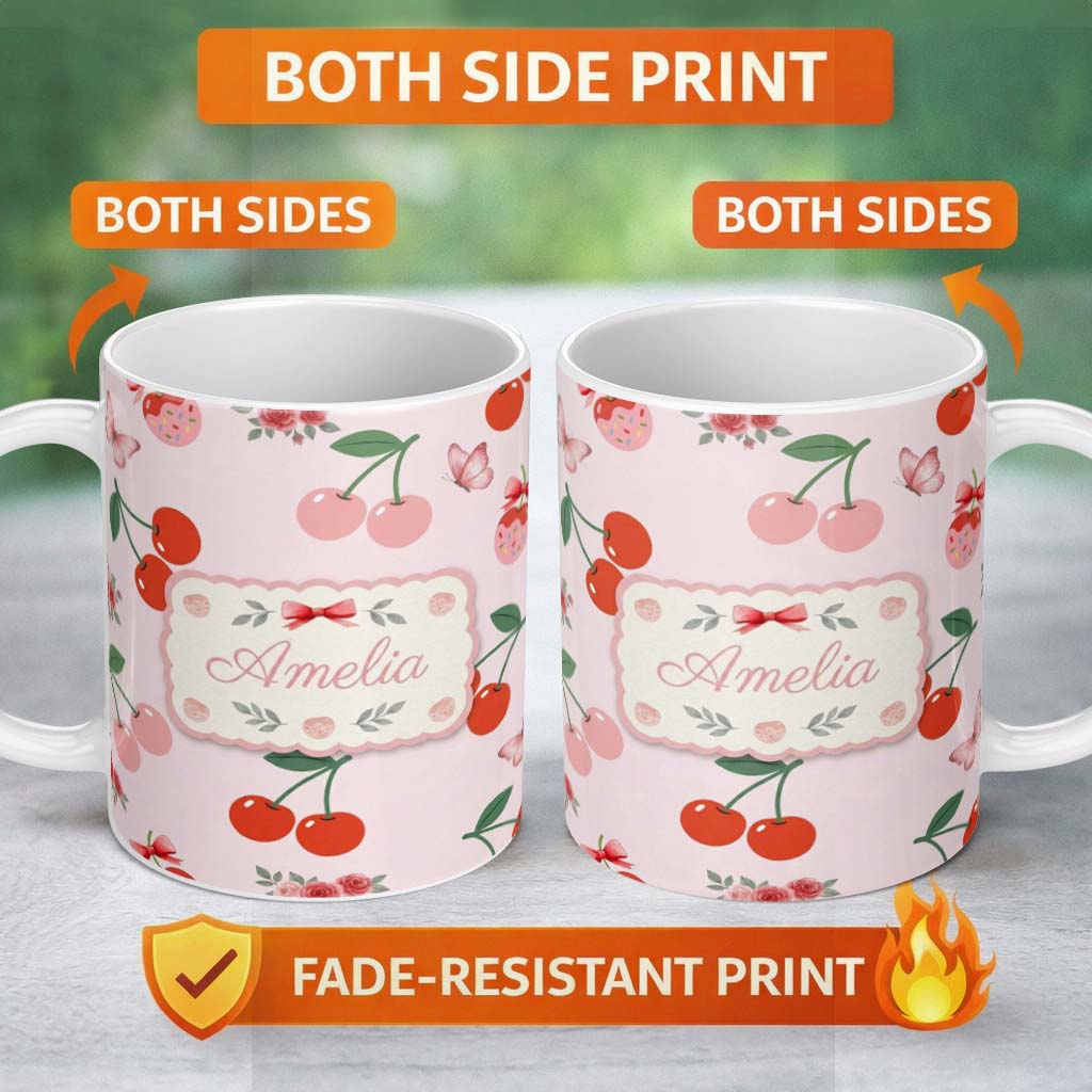 Personalized Custom Name Cute Cherry Fruit with Bow and Sprinkles Seamless Pattern Soft Pink 11oz Ceramic Coffee Tea Mug White Large Handle