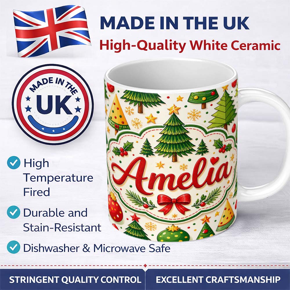 Personalized Custom Name Stylized Christmas Trees with Baubles and Ornaments Cute Seamless 11oz Ceramic Coffee Tea Mug White Large Handle