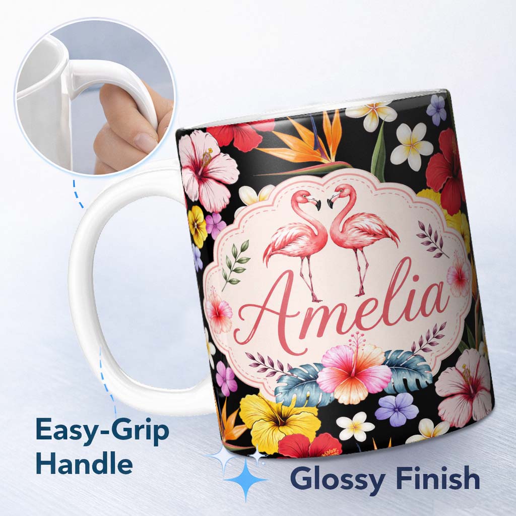 Personalized Custom Name Cute Tropical Hibiscus Flowers Birds of Paradise Bright Floral 11oz Ceramic Coffee Tea Mug White Large Handle