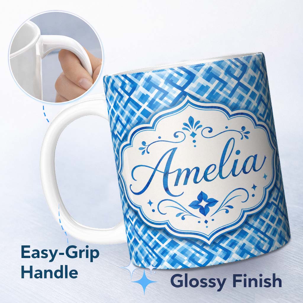 Personalized Custom Name Traditional Red Gingham Check Picnic Seamless Pattern Lovely 11oz Ceramic Coffee Tea Mug White Large Handle