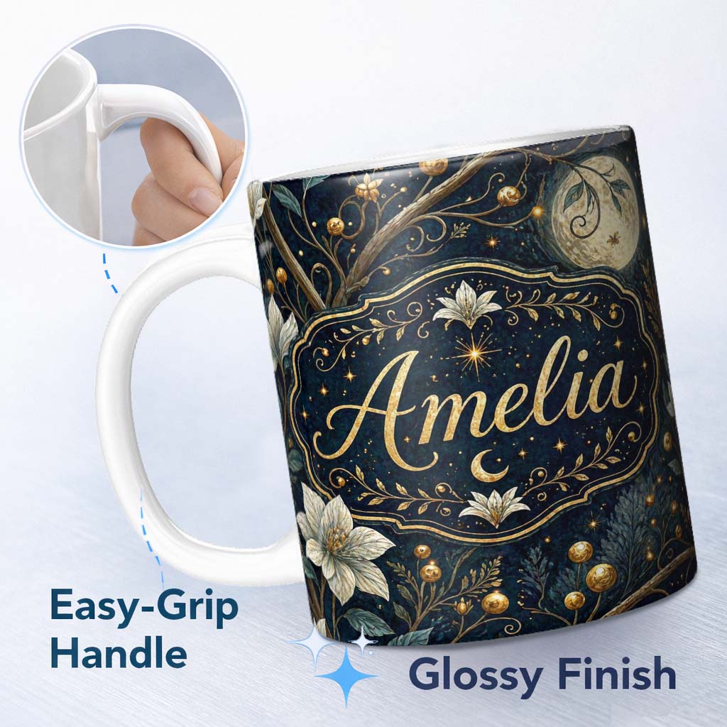 Personalized Custom Name Golden Celestial Floral Spiral Stars Night Seamless Pattern Lovely 11oz Ceramic Coffee Tea Mug White Large Handle