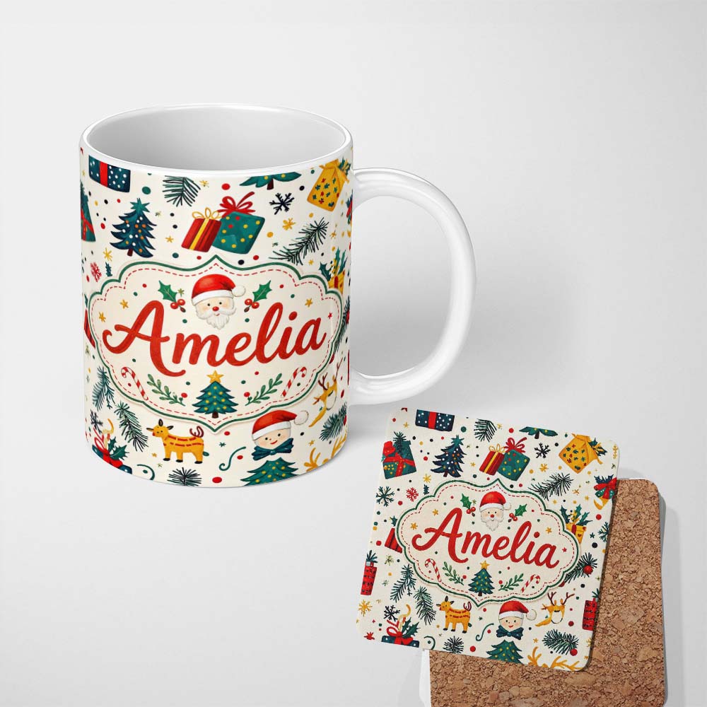 Personalized Custom Name Cute Santa Reindeer Gifts Pine Branch Festive Seamless Pattern 11oz Ceramic Coffee Tea Mug White Large Handle