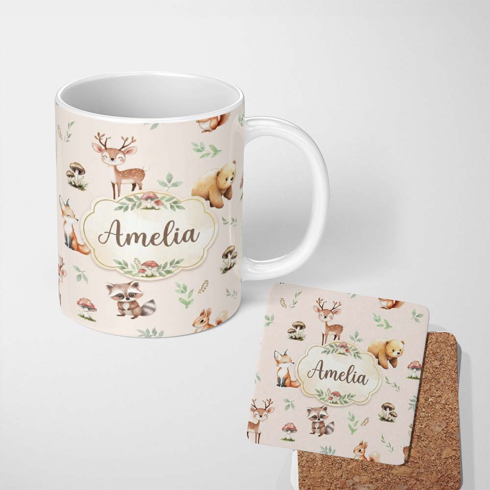 Personalized Custom Name Woodland Deer Bear Fox Owl Raccoon Leaves Mushrooms Neutral 11oz Ceramic Coffee Tea Mug White Large Handle