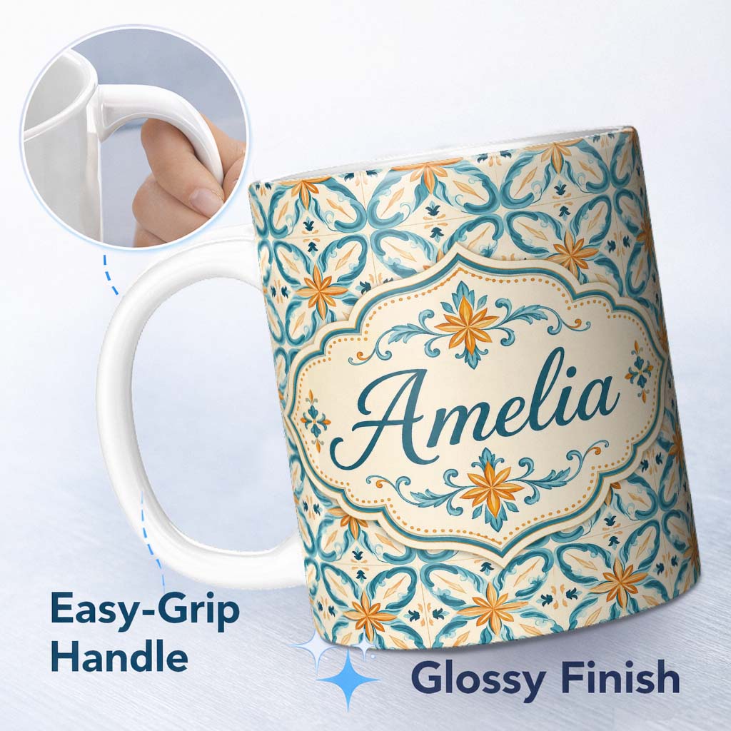 Personalized Custom Name Soft Blue and Yellow Vintage Scroll Tile Pattern with Ornate Floral 11oz Ceramic Coffee Tea Mug White Large Handle