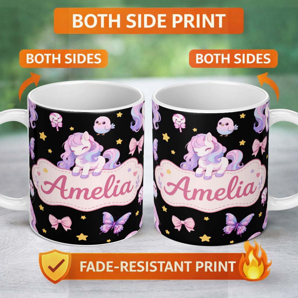 Personalized Custom Name Cute Pastel Unicorn Butterfly Candy Stars Black Background Seamless 11oz Ceramic Coffee Tea Mug White Large Handle