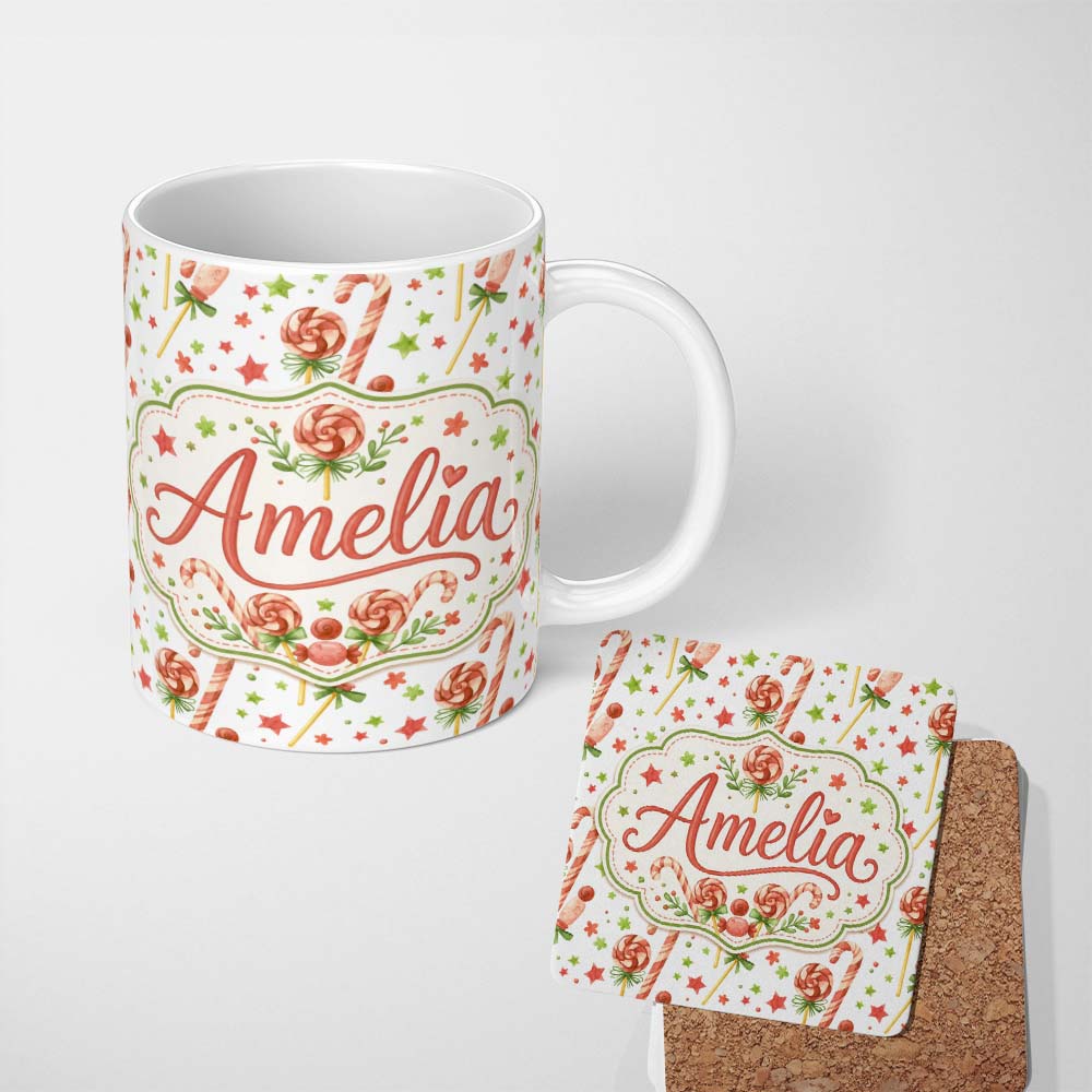 Personalized Custom Name Cute Candy Cane Lollipop Sweet Christmas Seamless Pattern Lovely 11oz Ceramic Coffee Tea Mug White Large Handle