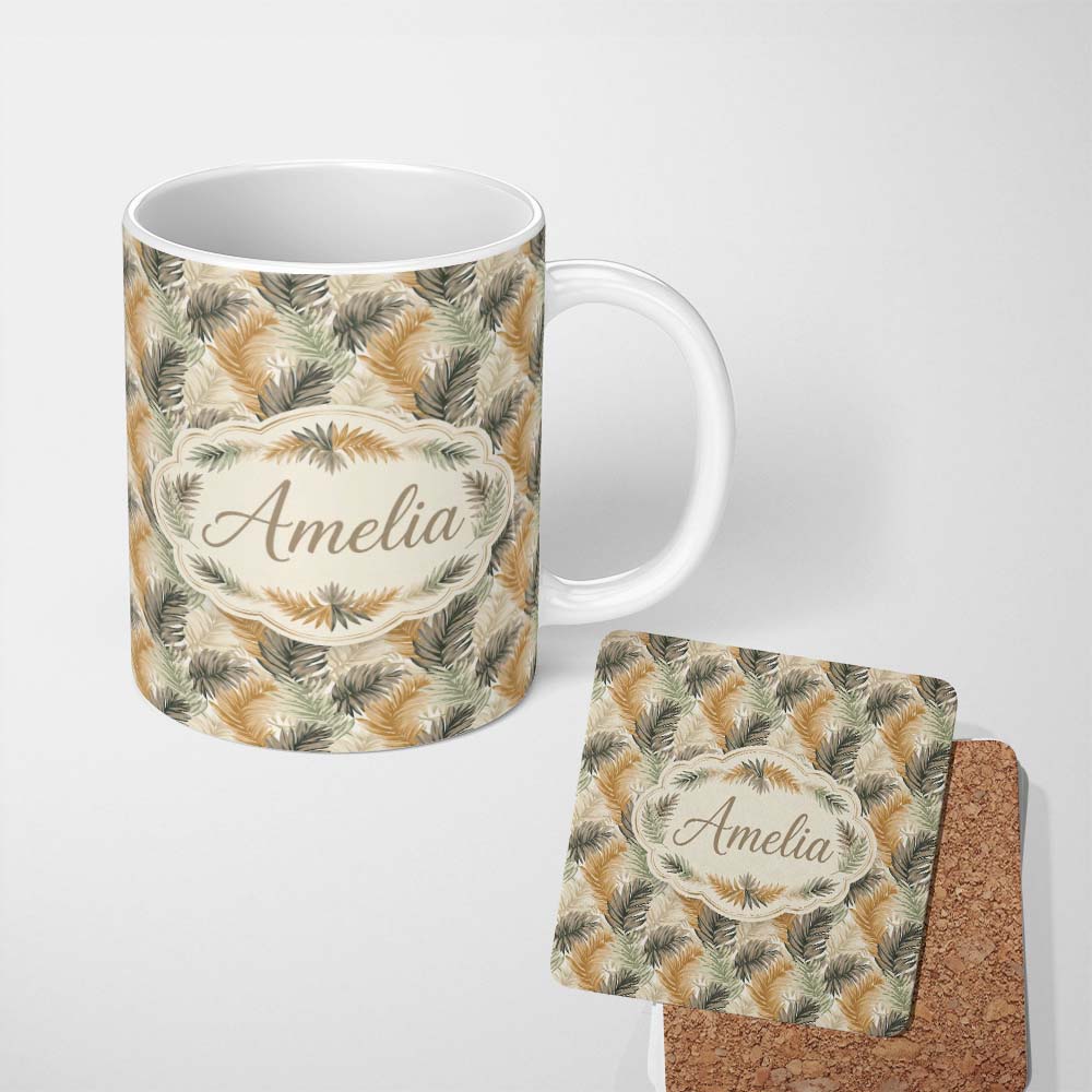 Personalized Custom Name Earthy Toned Palm Leaf Botanical Seamless Pattern Cute Unique Gift 11oz Ceramic Coffee Tea Mug White Large Handle