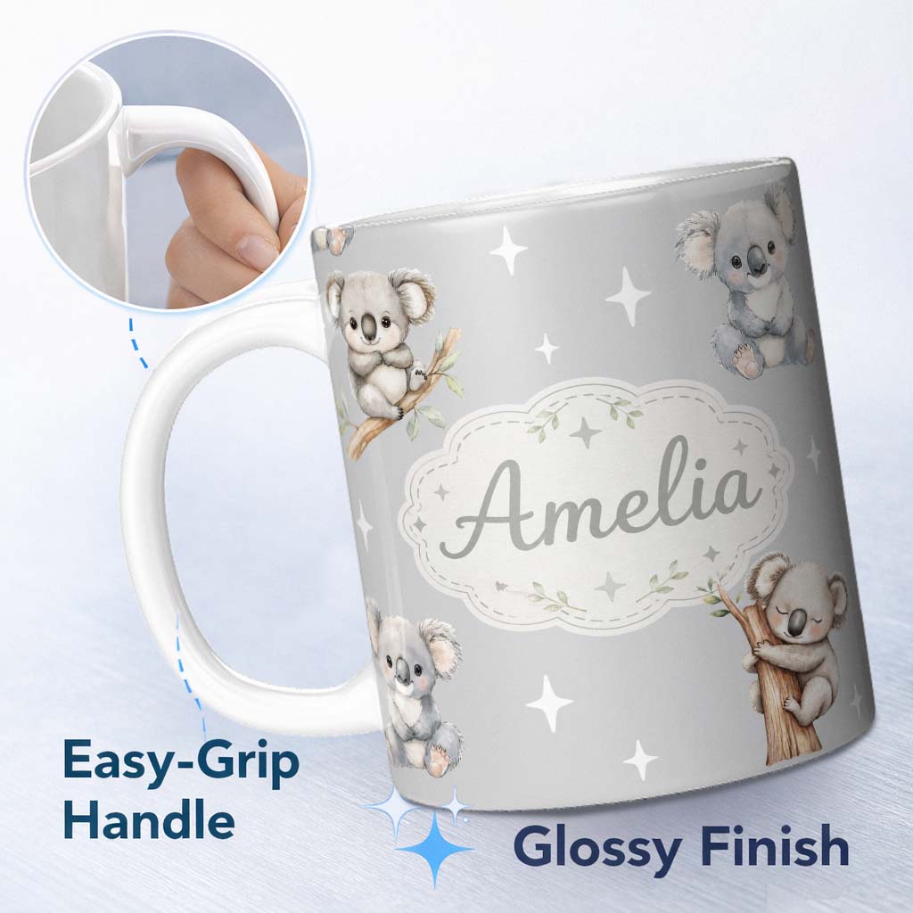 Personalized Custom Name Cute Baby Koala Bears with Stars on Grey Background Seamless Pattern 11oz Ceramic Coffee Tea Mug White Large Handle