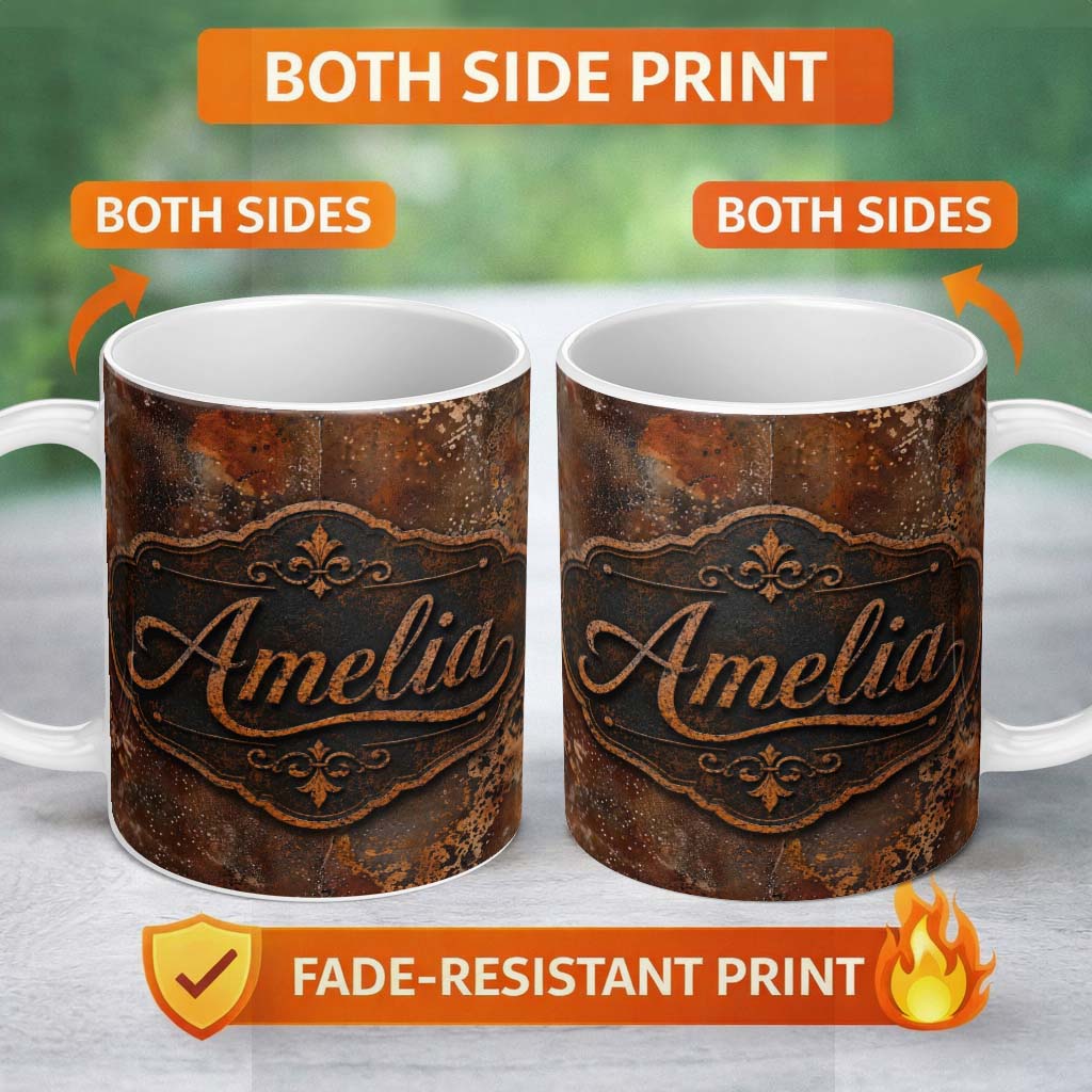 Personalized Custom Name Aged Steel Rust Texture with Splatter Effect Grunge Seamless Pattern 11oz Ceramic Coffee Tea Mug White Large Handle