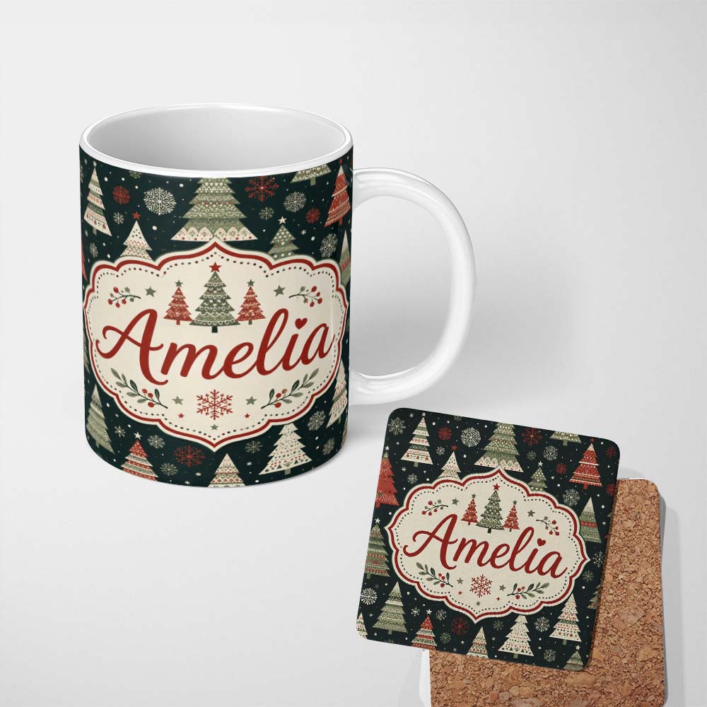 Personalized Custom Name Cute Festive Christmas Trees Snowflake Night Seamless Pattern Lovely 11oz Ceramic Coffee Tea Mug White Large Handle