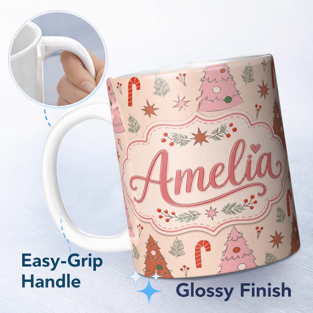 Personalized Custom Name Scandinavian Style Christmas Trees Candy Cane Cute Seamless Pattern 11oz Ceramic Coffee Tea Mug White Large Handle