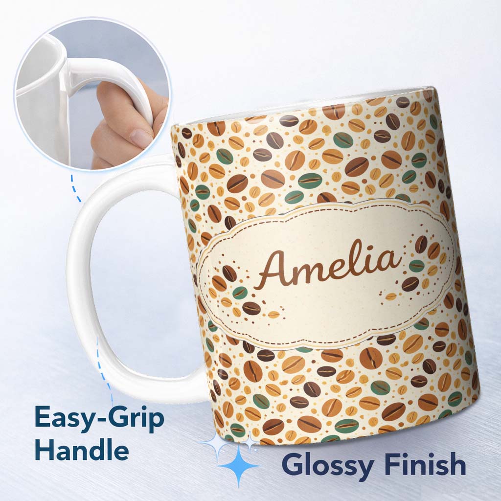 Personalized Custom Name Coffee Beans Realistic Dark Roast Seamless Pattern Cute Unique Gift 11oz Ceramic Coffee Tea Mug White Large Handle