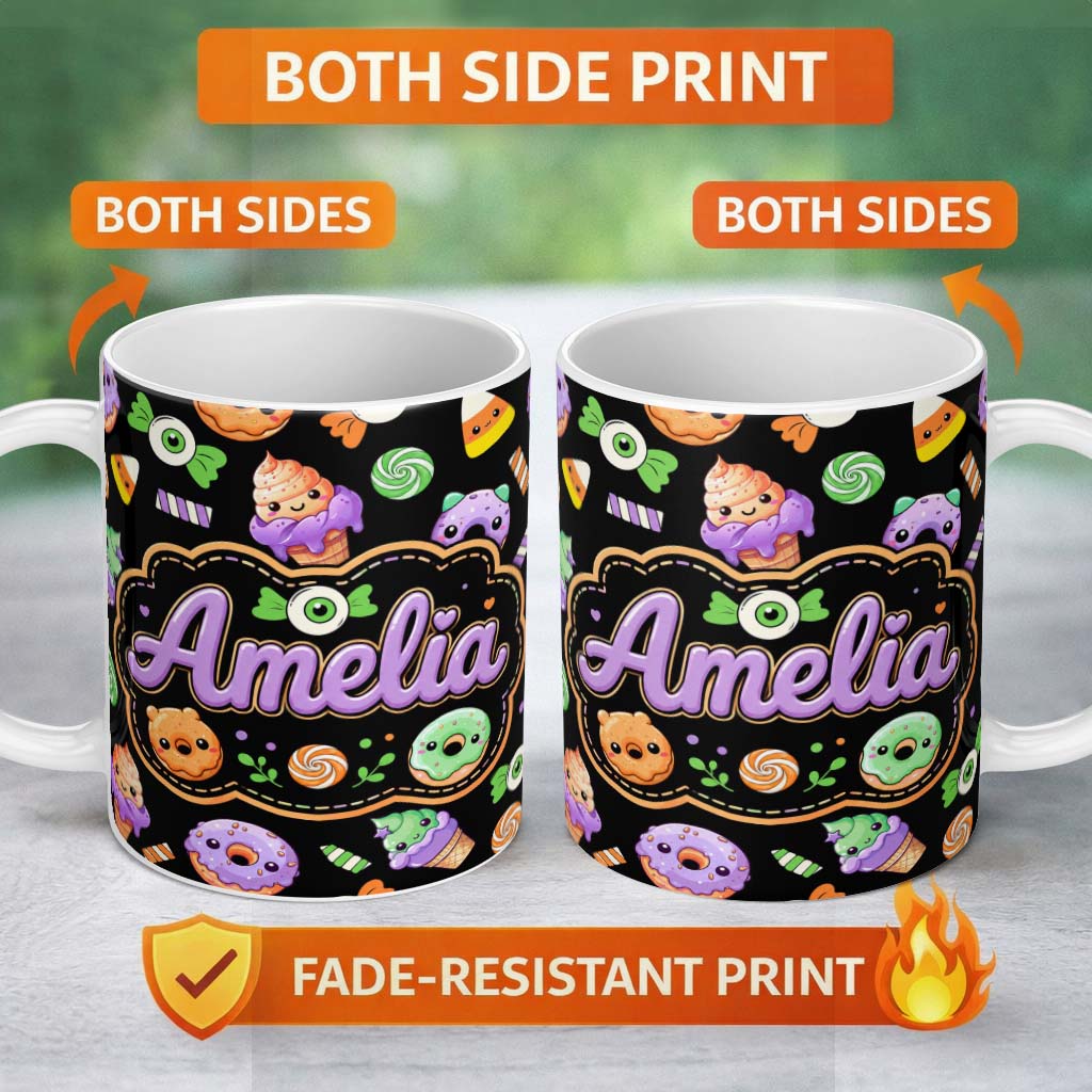 Personalized Custom Name Cute Halloween Candy Donuts Ice Cream Kawaii Pattern Light Grey 11oz Ceramic Coffee Tea Mug White Large Handle