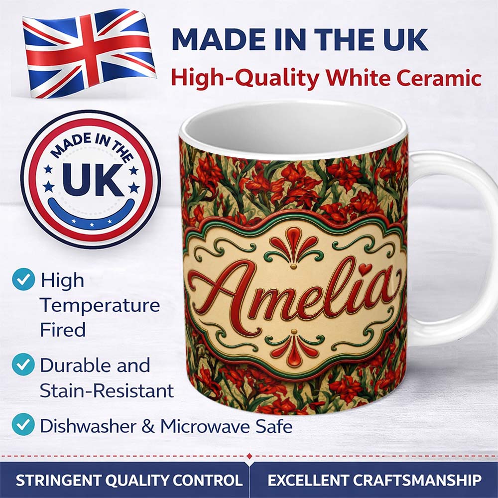 Personalized Custom Name Vintage Red Floral Botanical Sketch Seamless Pattern Lovely 11oz Ceramic Coffee Tea Mug White Large Handle