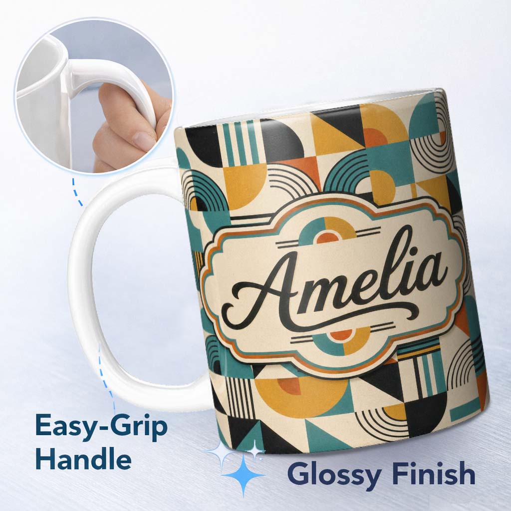 Personalized Custom Name Modern Geometric Abstract Shapes Teal Mustard Pattern Lovely 11oz Ceramic Coffee Tea Mug White Large Handle