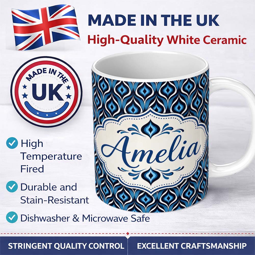 Personalized Custom Name Blue Geometric Wave Abstract Seamless Pattern Design Lovely 11oz Ceramic Coffee Tea Mug White Large Handle