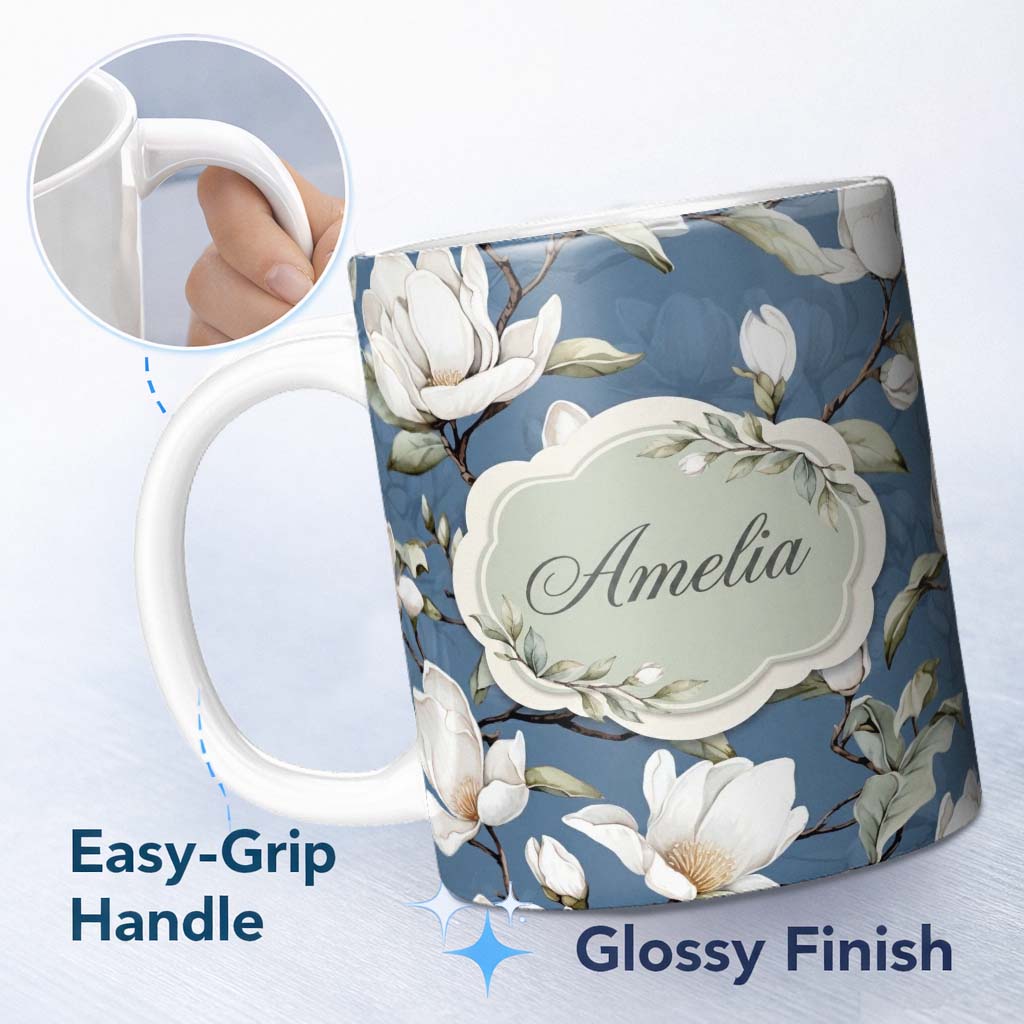 Personalized Custom Name Elegant White Magnolia Flowers on Blue Background Seamless Pattern 11oz Ceramic Coffee Tea Mug White Large Handle