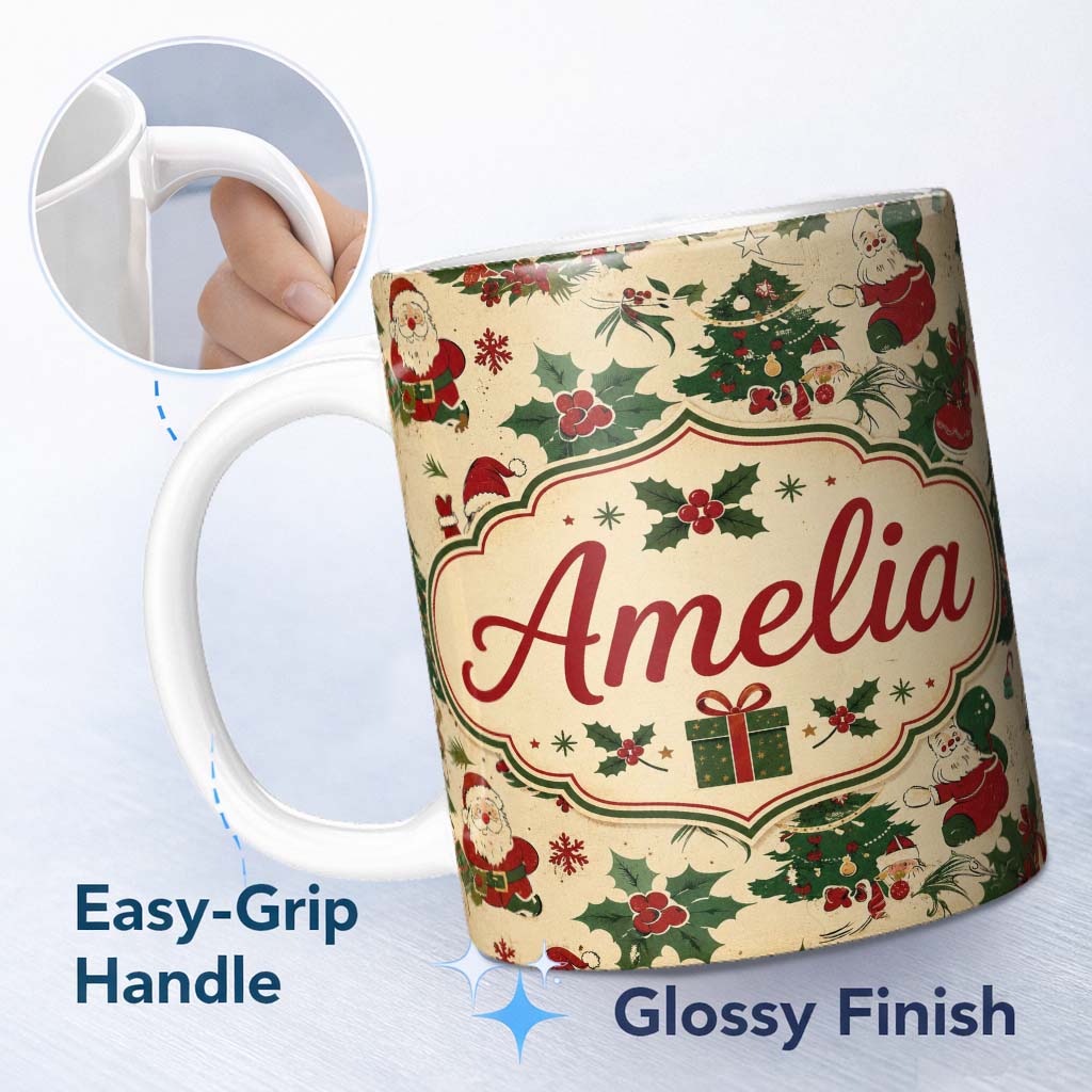 Personalized Custom Name Cute Cartoon Santa Christmas Tree Holly Seamless Pattern Lovely 11oz Ceramic Coffee Tea Mug White Large Handle