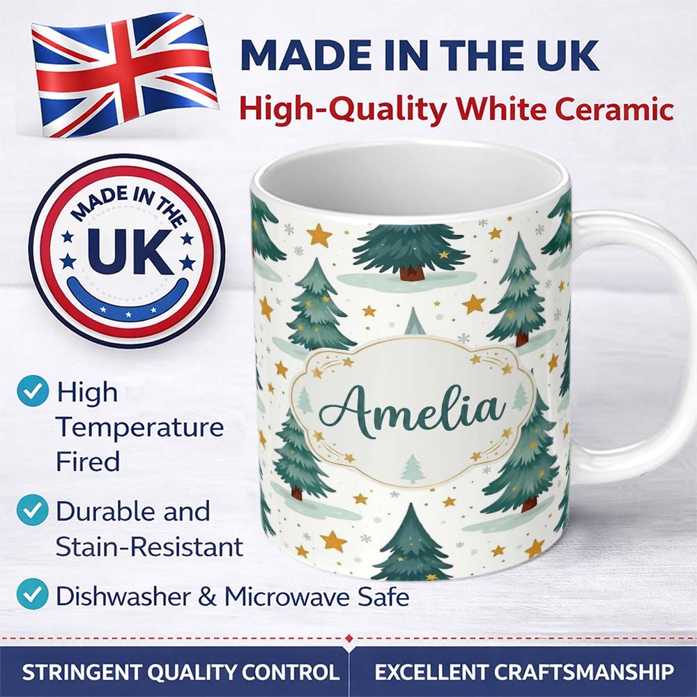 Personalized Custom Name Snowy Christmas Pine Trees with Golden Stars Winter Seamless Pattern 11oz Ceramic Coffee Tea Mug White Large Handle
