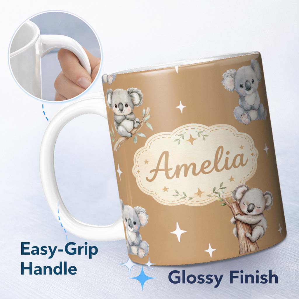 Personalized Custom Name Cute Baby Koala Bears with Stars on Warm Brown Background Seamless 11oz Ceramic Coffee Tea Mug White Large Handle