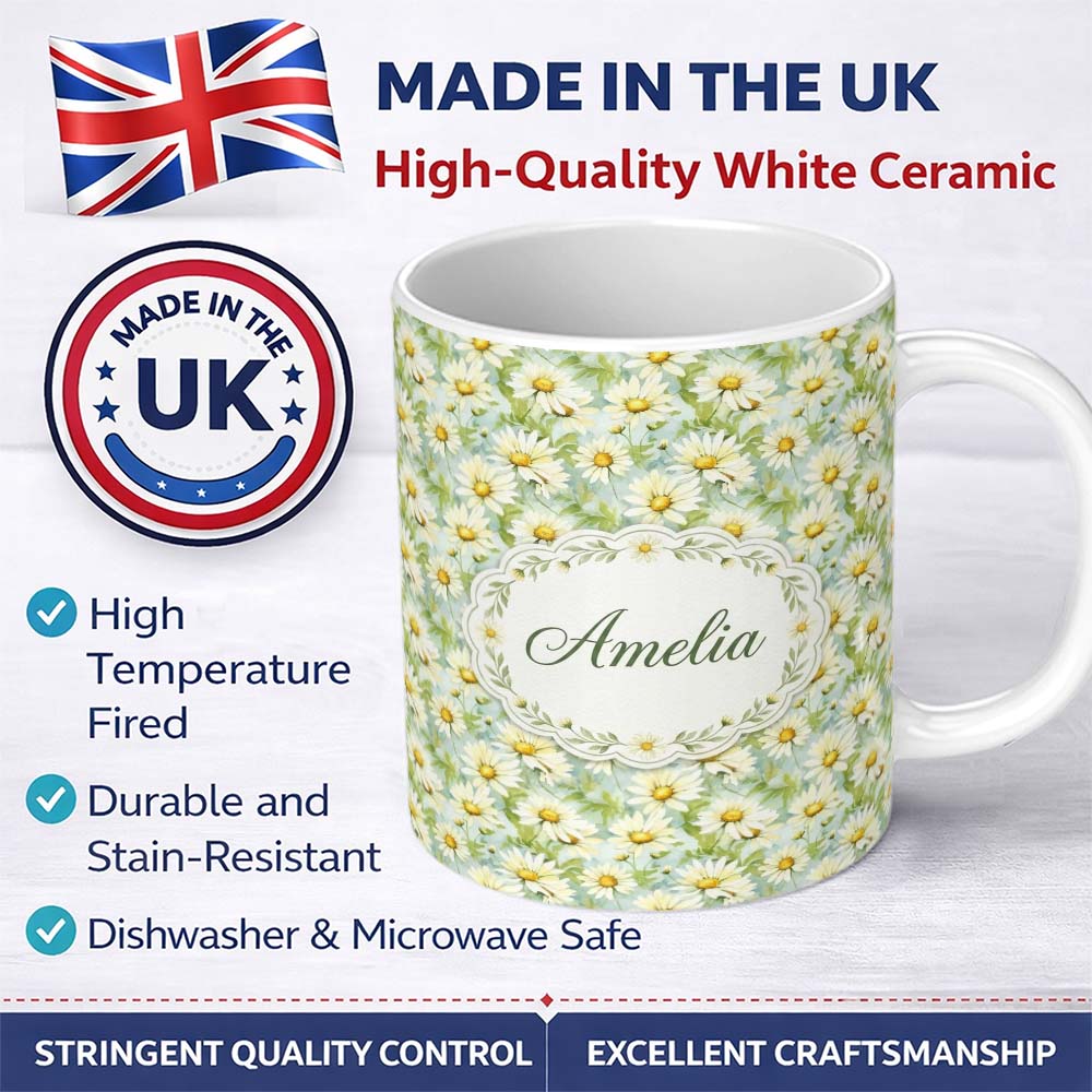 Personalized Custom Name Fresh Green Watercolor Daisy Floral Seamless Pattern Lovely 11oz Ceramic Coffee Tea Mug White Large Handle