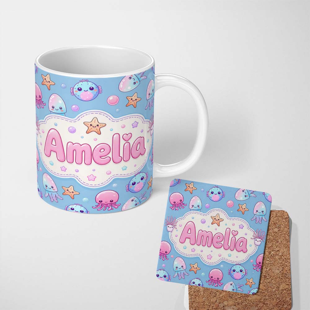 Personalized Custom Name Kawaii Jellyfish Starfish and Cute Sea Creatures Soft Blue Lovely 11oz Ceramic Coffee Tea Mug White Large Handle