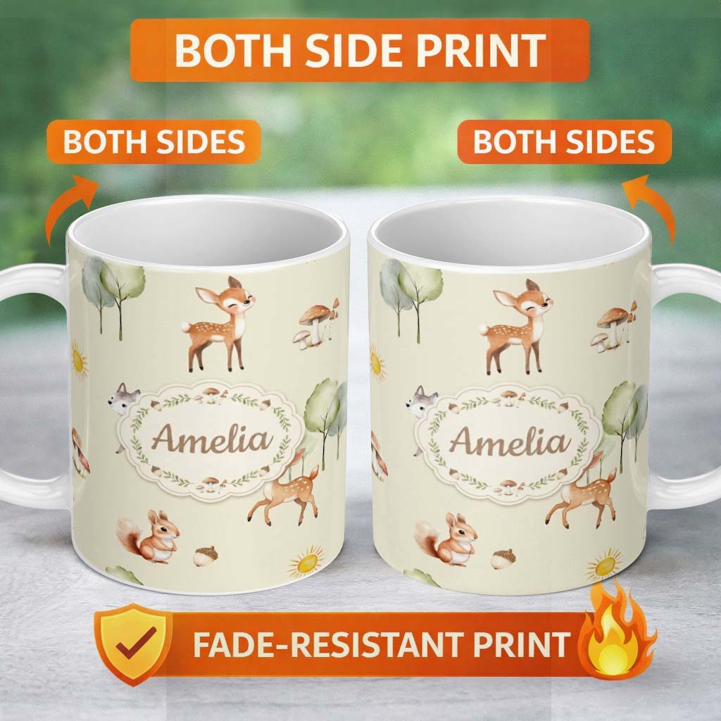 Personalized Custom Name Cute Woodland Deer Fox Mushroom Seamless Pattern on Cream Background 11oz Ceramic Coffee Tea Mug White Large Handle