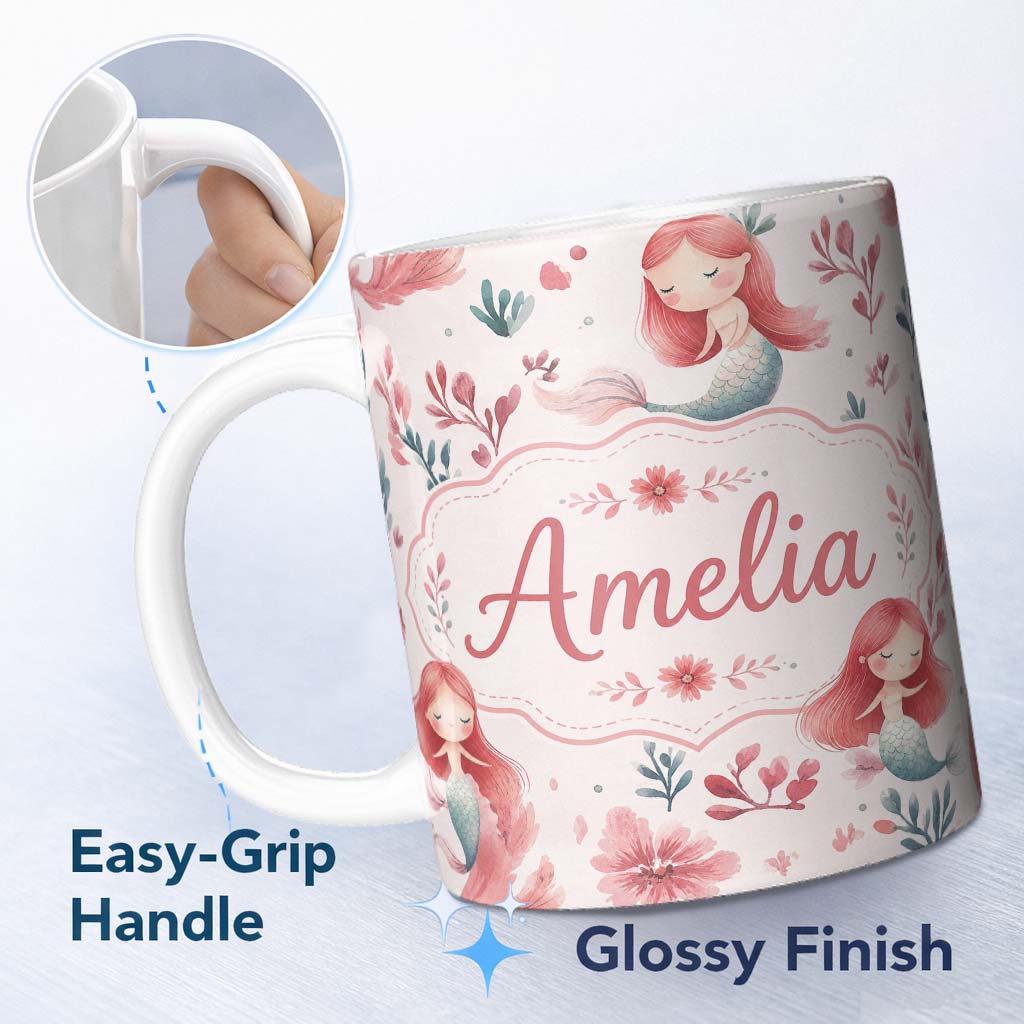Personalized Custom Name Cute Little Mermaids with Soft Floral Background Seamless Pattern 11oz Ceramic Coffee Tea Mug White Large Handle
