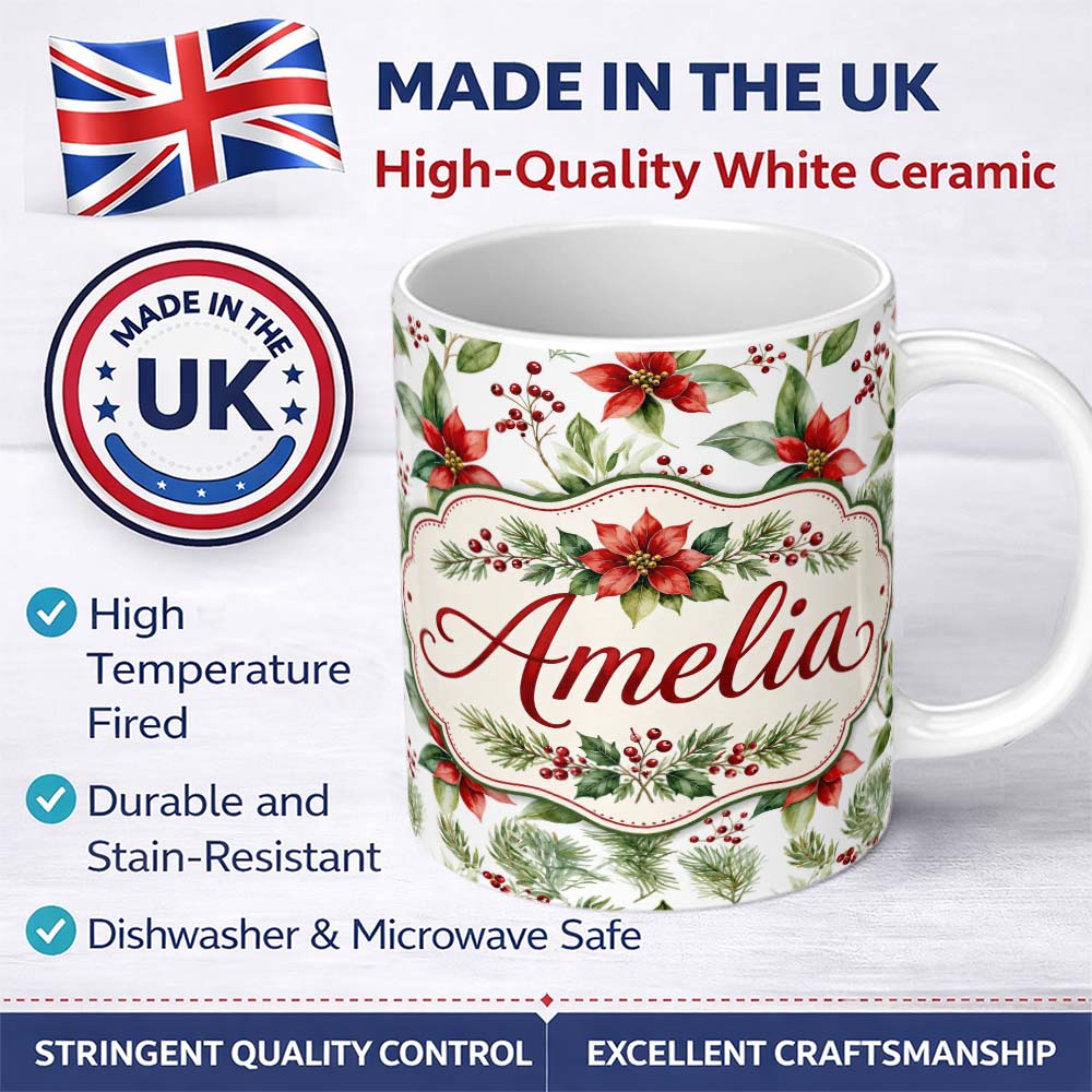Personalized Custom Name Watercolor Poinsettia Flowers Holly Leave Red Berries Seamless 11oz Ceramic Coffee Tea Mug White Large Handle