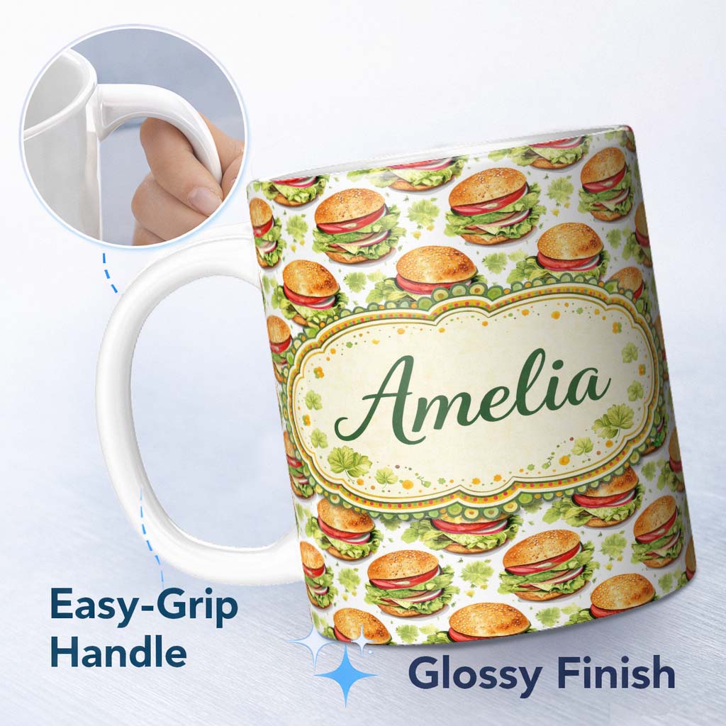 Personalized Custom Name Watercolor Fresh Burger Seamless Pattern White Background Food 11oz Ceramic Coffee Tea Mug White Large Handle