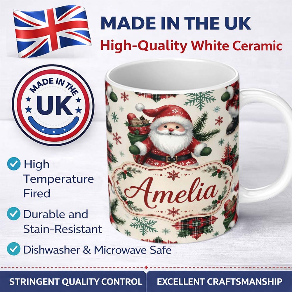 Personalized Custom Name Cute Santa Character Gifts Snowflakes Seamless Pattern Lovely 11oz Ceramic Coffee Tea Mug White Large Handle