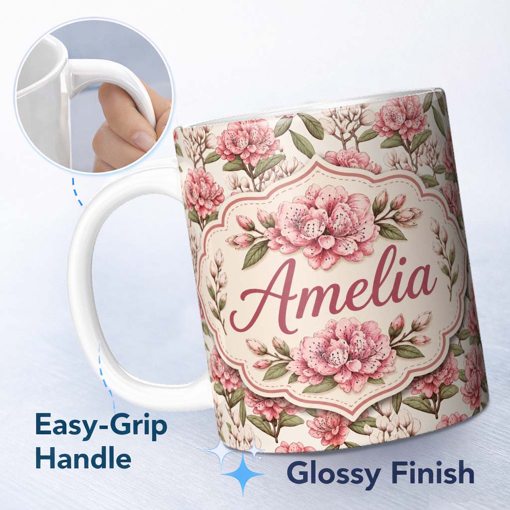 Personalized Custom Name Vintage Pink Floral Branches with Neutral Background Seamless Lovely 11oz Ceramic Coffee Tea Mug White Large Handle