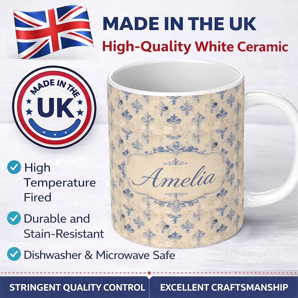 Personalized Custom Name Classic French Blue Damask Motif Repeat Pattern on Aged Beige Lovely 11oz Ceramic Coffee Tea Mug White Large Handle