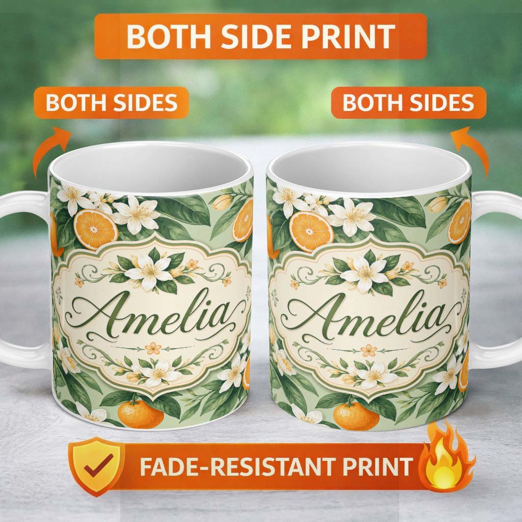 Personalized Custom Name Orange Citrus Fruit Blossom Botanical Seamless Pattern Lovely 11oz Ceramic Coffee Tea Mug White Large Handle