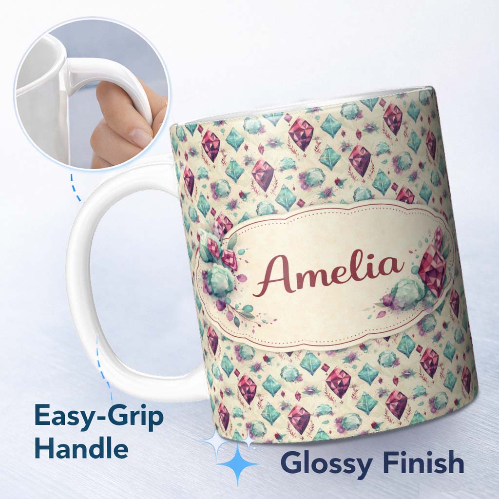 Personalized Custom Name Colorful Confetti Gemstone Beige Background Playful Crystal Design 11oz Ceramic Coffee Tea Mug White Large Handle