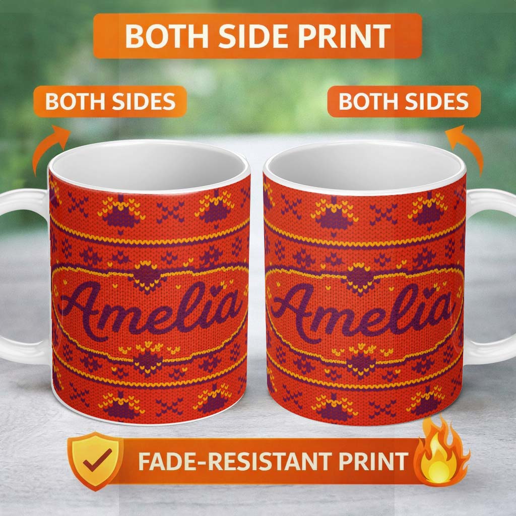 Personalized Custom Name Cute Red Orange Knitted Heart Nordic Warm Festive Seamless Pattern 11oz Ceramic Coffee Tea Mug White Large Handle
