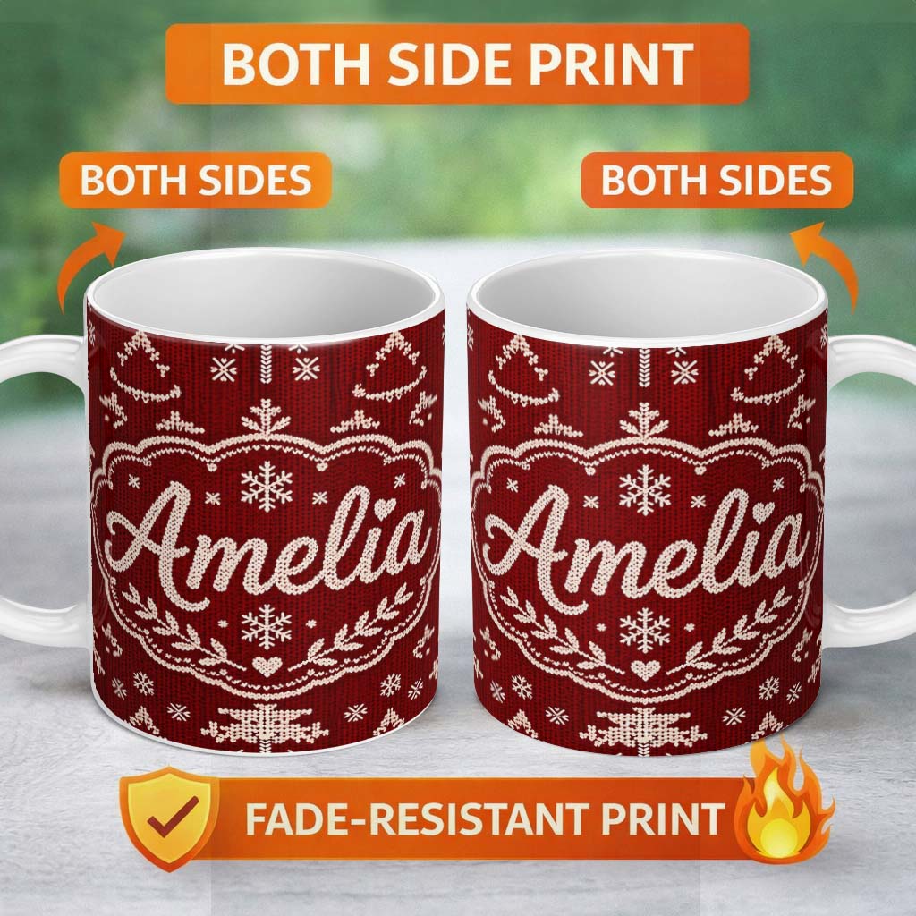 Personalized Custom Name Red Nordic Snowflake Reindeer Knitted Seamless Pattern Lovely 11oz Ceramic Coffee Tea Mug White Large Handle