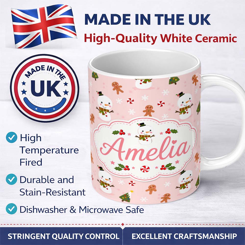 Personalized Custom Name Cute Snowman Gingerbread Candy Winter Seamless Pattern Lovely 11oz Ceramic Coffee Tea Mug White Large Handle