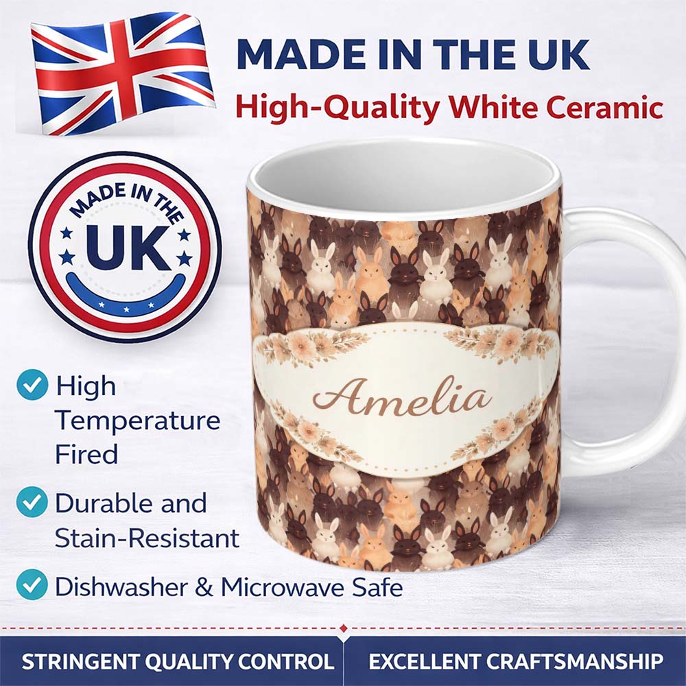 Personalized Custom Name Mixed Color Cute Bunny Crowd Soft Texture Seamless Pattern Lovely 11oz Ceramic Coffee Tea Mug White Large Handle