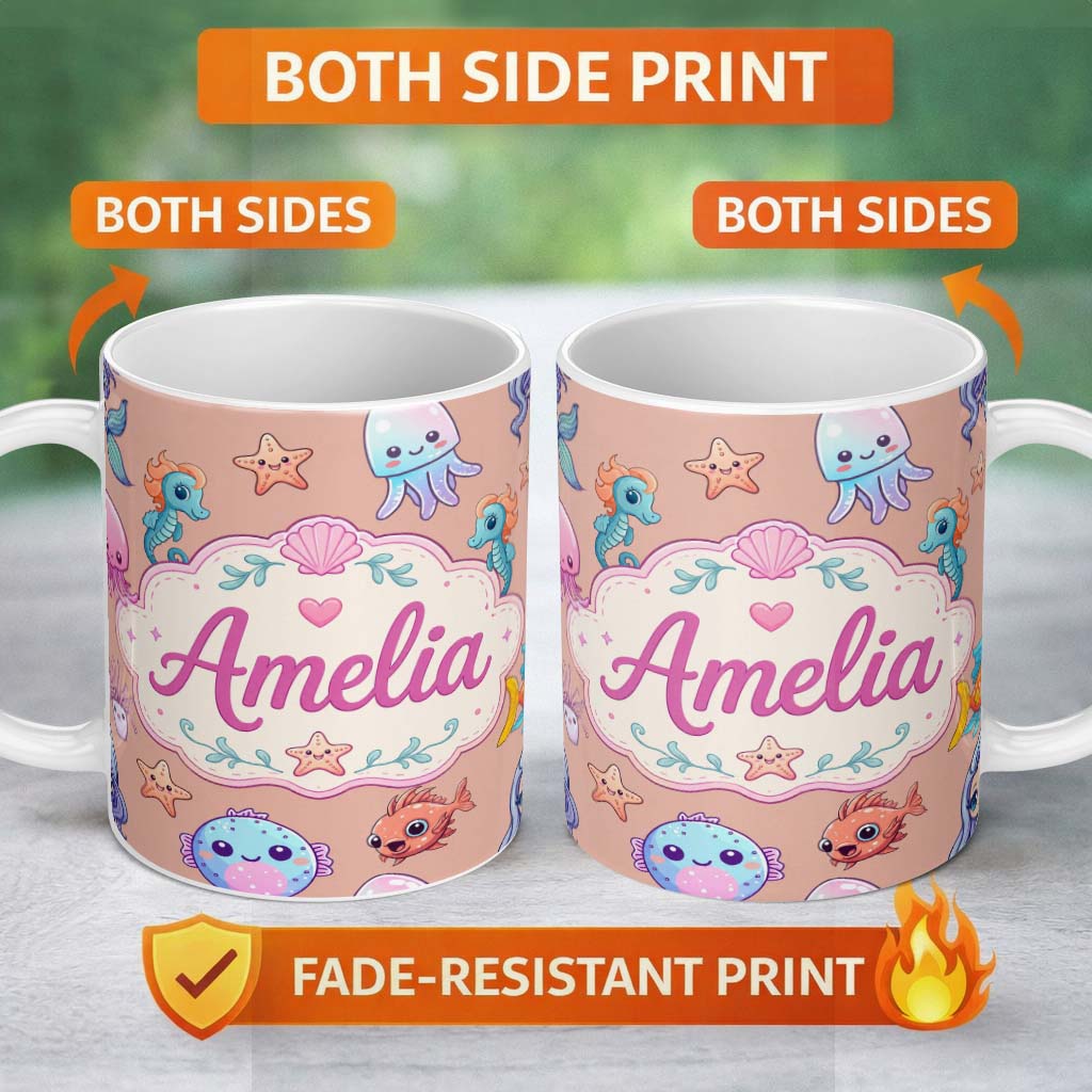 Personalized Custom Name Cute Kawaii Mermaid Seahorse Jellyfish and Starfish Peach Background 11oz Ceramic Coffee Tea Mug White Large Handle
